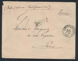 1900 N° 56, 59 und 61 auf Wertbrief für „hundert Franken”, von Brüssel (Midi) nach Paris (Frankreich), datiert 8. Oktober 1900 mit roten Siegeln (5 Stücke), Gesamtfrankatur „60 Centimes”, einwandfrei