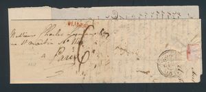 1815 Voorloper met inhoud, vanuit Mechelen, H30 (Malines in rood), dd. 7 december 1815, naar Paris (Frankrijk), port 6 decimen, zm