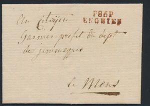 1802 Voorloper met inhoud, vanuit Enghien, dd. 22 december 1802, Herlant 12, cotering moeilijk in Herlant, naar Mons, port 3 decimen op de keerzijde, zm