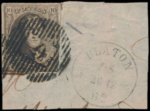 N° 10 „10c. braun”, vollrandig auf Fragment, schöner zentraler Stempel D.9-Blaton, datiert 20. Dezember 1862, einwandfrei (COBA €30)