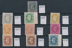 N° 30 Essays of accepted types, STES N° 1643, 1674, 1675, RP 170, 1684, 1685, 1693, 1704, 1708 and 1715, some values with gum, to be checked!, vf/f