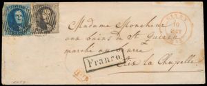 1852 N° 6 and 7, on envelope, N° 7 is fully margined with two neighbours, cancellation P.28-Ciney, dated 10 August 1852, to Aix-La-Chapelle, 