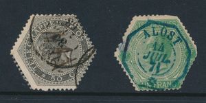 TG 1, illegible cancel, TG 2, cancel Alost, dated 14 July 1871, a few short teeth, vf/f (OBP €460)
