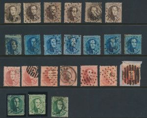 N° 13/16, collection of perforated medallions, 3 copies N° 13, 6 copies N° 14, 7 copies N° 15 and 7 copies N° 16, multiple stamp types, perception, thick bars, Dca, mixed quality, vf/f/to be checked