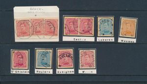 N° 135, 138 and 141, 8 copies, all with telegraph stamps with star without a centre piece, such as Genval, Wasmes, Avelghem, etc., for the specialist, see scan, vf