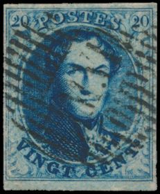 N° 7 „20c. blau”, vollrandig mit schönem zentralem ambulanten Stempel „M.VI” vertikal, Luxusstück, einwandfrei (COBA €40)