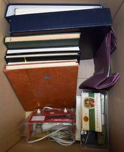 Various items, 7 empty stockbooks or albums, clip strips, slipcards, fluorescent lamp, etc.