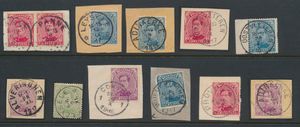 N° 135/141, 10 individual stamps and 1 pair, 11 of which are on a fragment, all with central cancellation, unoccupied Belgium, Panne (2x), Adinkerke (2x), Alveringhem, Oostvleteren (2x), Coxyde, Leysele (Relais 2 x), Proven (relais), Wulveringhem, vf