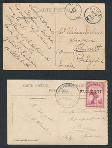 1920/1931, 2 postcards with illustration, one written aboard the S.S. Albertville in April 1920, franked with stamps n° 64 and 67, addressed to Antwerp, and the other with a large circular cancellation ‘Leopoldville-croisières’, franked with a ‘75c.’ stamp, n° 175 cancelled with the “PAQUEBOT” griff in Antwerp, vf