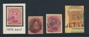 N° 135, 18 bars cancellation together with name stamp Jette, N° 138, twice 18 bars cancellation (once together with Ligne), once with cancellation 1919 (in purple), for the specialist, see scan, vf