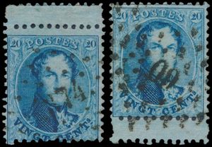 N° 15 „20c. blau”, 2 Exemplare mit Bogenrand (oben und unten), einwandfrei