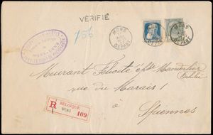 1907 N° 53 und 76, auf eingeschriebener Drucksache „VÉRIFIÉ”, gemischte Ausgabe, aus Mons (Abgangsstempel „Mons Départ”), datiert 17. April 07, nach Spiennes (Ankunftsstempel Harmignies), schöner Stempel auf der Rückseite Mons (Bahnhof) „VALEURS.”, einwandfrei