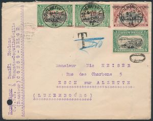 1922, n° 64, 100 (2x) et 102 sur lettre expedieé de Coquilhatville le 1 fevrier 1922 vers le Grand-Duché de Luxembourg, griffe 