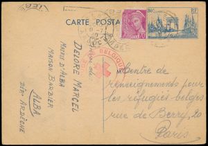 1940, World War II, France, postal stationery worth '80c' with additional postage worth '70c', sent on 8/7/1940 from Alba by a Belgian to the information centre for Belgian refugees in Paris, cancelled by the Belgian Red Cross, forwarded to Liège/Belgium where it arrived on 9/8/1940 with arrival postmark from the Red Cross in Liège (on the back), very nice and rare, vf/f