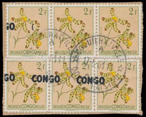 1961, fragment franked with (2x) horizontal strip of 3 stamps 