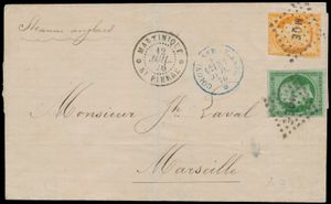 1876 Beautiful letter envelope to Marseille with blue cancellation 