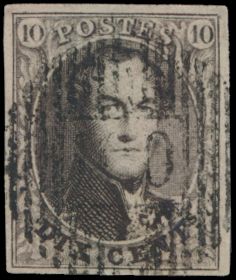 N° 10 „10c. braun”, vollrandig, mit zentraler heller Abstempelung D.100-Gerpinnes, einwandfrei (COBA 25 €)