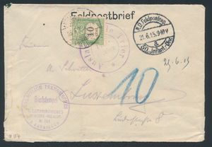 Field post letter 1915, Prussian 3rd Battalion, Lorraine to Luxembourg with penalty postage 