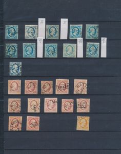 1852, N° 1 „blau” (11x), N° 2 „rot” (12x) u. a. Hattem-C (Falte) und Vlaardingen-C (Papierrest) und N° 3 „15c. orange” (1x) (NVPH €1.085) + die meisten in guter Qualität, einwandfrei/schön/zu kontrollieren