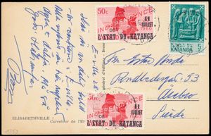 1962, airmail picture postcard written more than probably by a Swedish soldier member of the ONUC using the civilian post of Katanga, franked with COB N° 41 (2x) and 58  