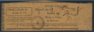 Billet de train de 1838 pour la ligne Anvers-Malines, daté du 2 juin 1838, signé par le receveur qui a apposé une annulation 