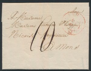 1831, forerunner with contents, from Leuze, Herlant 4 (cancellation T13 together with manuscript Leuze) just above the red cancellation, dated 6 October 1831, to Mons, charge 10 cent (up to 50 km), vf