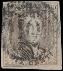 N° 10 „10c. braun”, vollrandig, schöner heller zentraler Stempel D.10-Fraiture, Luxusstück, einwandfrei (COBA 75 €)