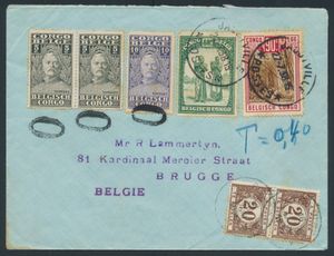1938 N° 135 (2x), 136, 172 et 198 sur lettre de Jadotville le 27-7-38 vers Brugge, les n° 135 et 136 