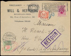 1939 N° 286, with mechanical cancel, dated 27/6/1939 to Luxembourg, rate valued there with Lux. N° 14 with Luxembourg/Ville cancel, letter refused by the addressee for the tax (on the reverse side, manuscript 