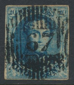 N° 7 „20c. blau”, vollrandig, mit Abstempelung D.67-Le Roeulx, schöner zentraler Stempel, einwandfrei (COBA €20)
