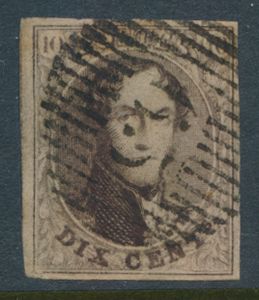 N° 10 „10c. braun”, vollrandig mit Spur des linken Nachbarn, zentraler Stempel D.65-Warnant Dreye, einwandfrei (COBA €40)