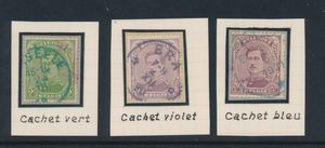 N° 137, with green cancellation Herseele, N° 140, with purple cancellation Bra and with blue cancellation, see scan, vf