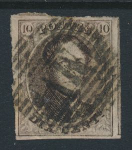 N° 10 „10c. braun”, vollrandig mit 2 Nachbarn, zentrale kopstehende Ambulante Abstempelung „M.V” (horizontal), Namur-Brüssel, einwandfrei (COBA 25 €)