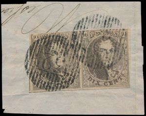 N° 10 „10c. braun”, paarweise auf Fragment, 1 Marke vollrandig, kopstehend zentral gestempelt D.32-Maldeghem, einwandfrei/schön (COBA €80)