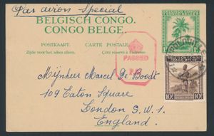 1944, EP N° 74 with additional postage of a stamp N° 245 ‘10fr.’, sent from Leopoldville on 11 September 1944 to London by air, handwritten annotation ‘PAR AVION SPECIAL