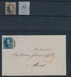 Lot of classic stamps and letters, N° 4 on letter (Ghent to Mons), N° 8 on letter (Antwerp to Amsterdam), 3 other letters (N° 15 in pair on fragment from Montzen to Paris, N° 17 in pair on letter (Brussels to Ghent) and N° 17 in strip of 3 on letter (Mons to Paris), stamp N° 14 with Pt. 32 (Beaumont) and N° 18 with Pt.276 (Obourg), vf/f