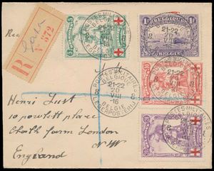 1916 N° 126/128 and 145, registered letter from the Belgian military camp GATA, via the central military (Belgian) army office in Calais on 20 VIII 16, sender is from the military postal address B 183, destination London (England), postage 25 centimes and 25 centimes registration fee, postage far too high (despite the fact that de Merode has no postage value abroad), vf