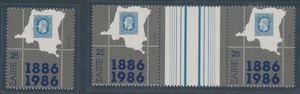 N° 1306-Cu ‘Centenary of the first stamp’, curiosity ‘1886/1986 below the card’ on gutter pair (rare) and one single stamp, vf (OBP ++€210)