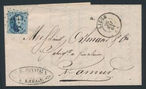 1864 N° 15 „20c. blau”, auf Brief mit Inhalt, gestempelt Pt.217-Lüttich, datiert 26. Mai 64, nach Namur, schöne Kuriosität mit vermindertem Druck (oberer Rand) zusammen mit fehlendem Aufdruck an der Rahmenlinie, einwandfrei