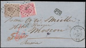 1867 N° 19 and 20, on letter with contents, cancelled Pt.3-Aalst, dated 9 September 67, to Moscow (Russia), back with attractive cancellation 