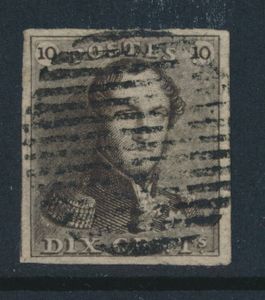 N° 1 „10c. braun”, vollrandig mit schönen Rändern, ländliche Abstempelung (14 Balken), einwandfrei (OBP 90 € + COBA 75 €)