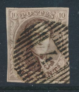 N° 10 „10c. braun”, vollrandig, schöner zentraler Stempel D.4-Celles, kleine Eckfalte oben rechts, schönes Exemplar, einwandfrei (COBA €30)
