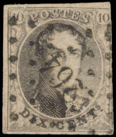 N° 6 „10c. braun”, oben rechts eingeschnitten, mit außergewöhnlichem Stempel, Punktstempel 264-Namur, verspätete Verwendung, schön