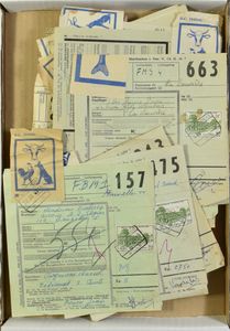 1950/1965 Accumulation de 60 formulaires d'emballage avec étiquettes jointes, comprenant des raisins, des animaux, des poissons, livraison immédiate, remboursement, fragile, etc., tb/b/à voir