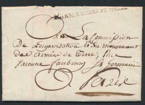 Forerunner, no date (torn out), from Armee de Sambre et Meuse (including beautiful black cancellation), contents describe the movement de l'armee de terre (ground troops), signed by several people, vf/f