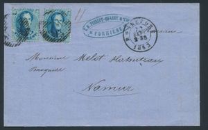 1863 N° 15 „20c. blau” (2x) auf Brief mit Inhalt, mit Abstempelung P.101-Rochefort, datiert 22. September 1863, nach Namur, zweite Gewichtsklasse (11 Gramm) Inland, korrekte Frankierung, einwandfrei