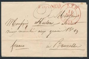 1831, forerunner without contents, from Ath, Herlant 53, dated 11 November 1831, to Brussels, nice secondary stamp FRANCO red and manuscript 