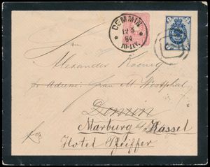 1884 Mourning envelope from St. Petersburg to Demmin (Old) forwarded, mixed postage, interesting item, vf