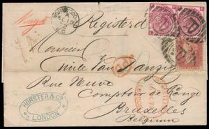 1872 Registered letter from Wormwood (London) to Brussels, franked with S.G. n° 103 plate 8 (2x), attractive letter, vf