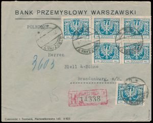 1924 Inflation period, collection letter from Warsaw to Brandenburg with postage 